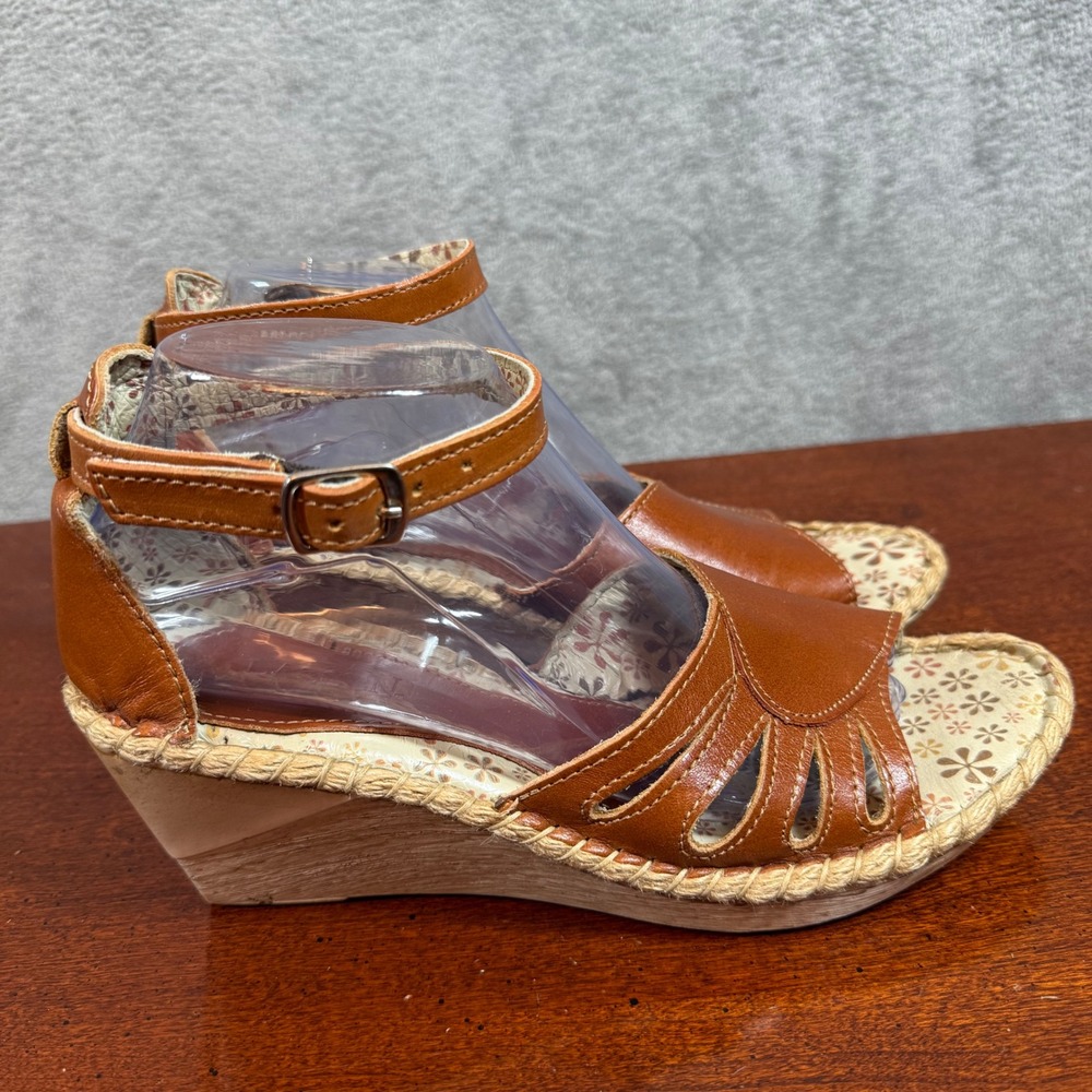 Boho Leather Espadrille Wedge Sandals Womens 9.5 Ankle Strap Comfort